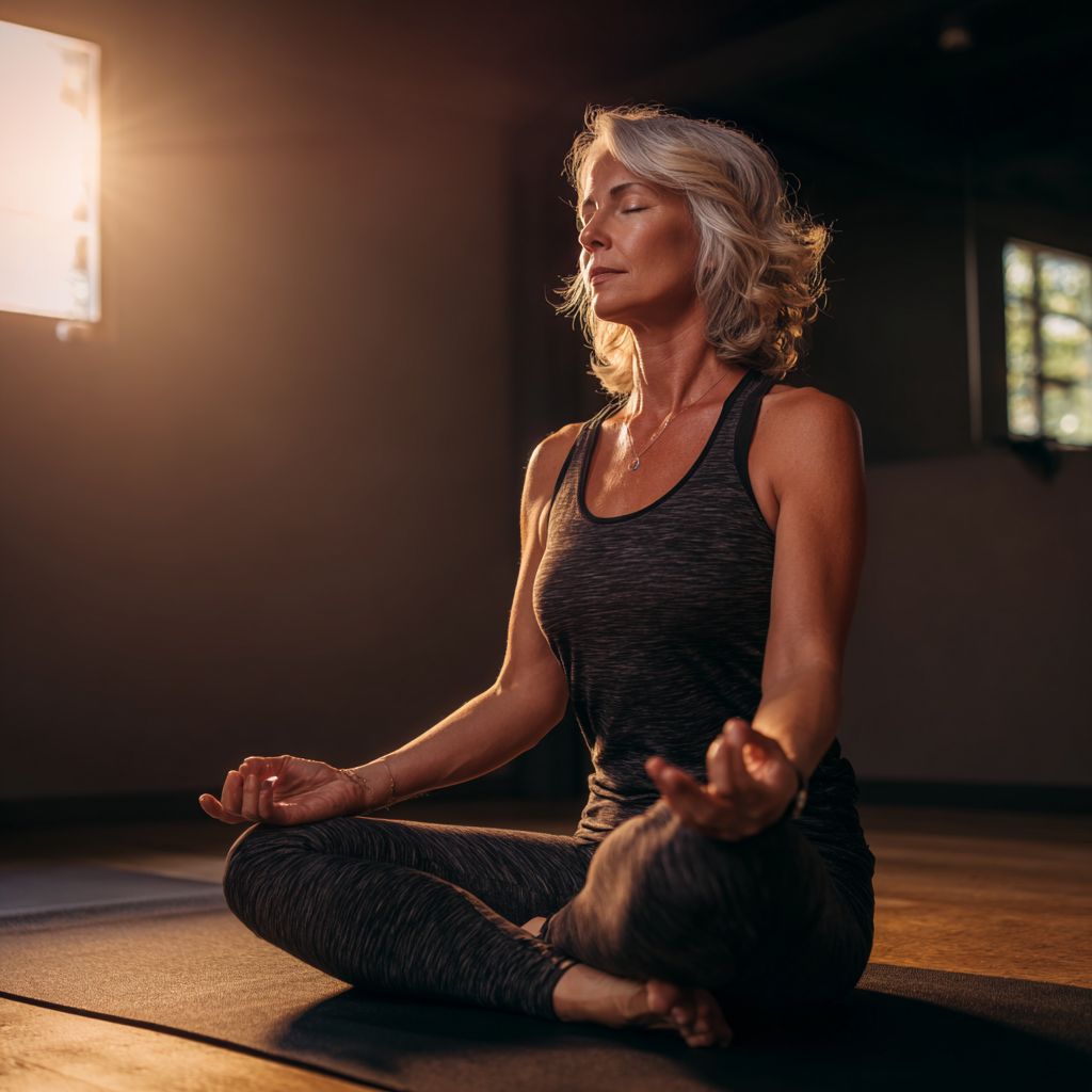 Mature woman practicing yoga in peaceful studio setting